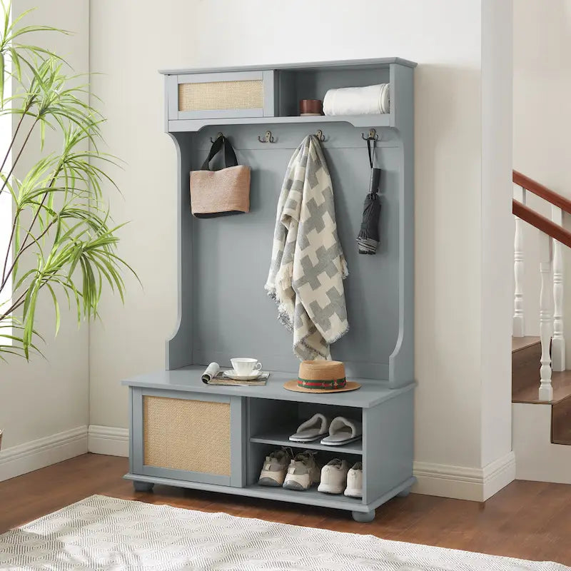 Clothes Hanger Hall Tree Storage Bench Shoe Rack with Rattan Door for Entryway