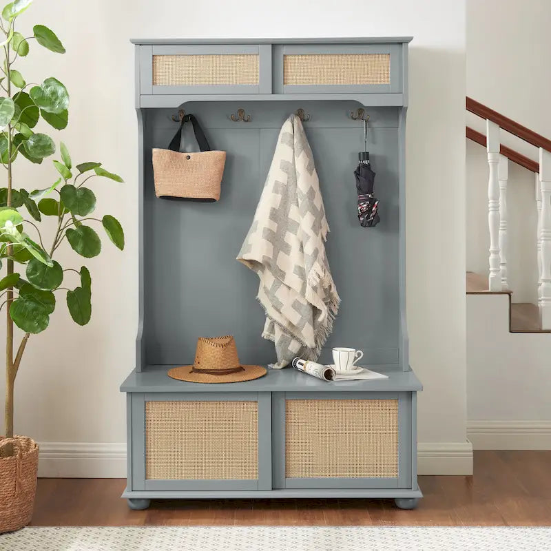 Clothes Hanger Hall Tree Storage Bench Shoe Rack with Rattan Door for Entryway