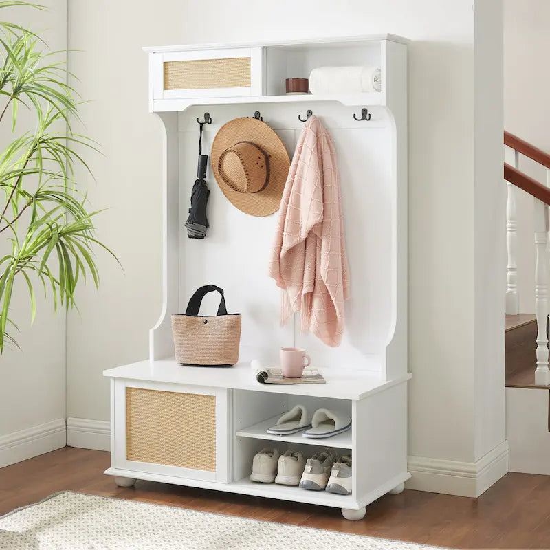 Clothes Hanger Hall Tree Storage Bench Shoe Rack with Rattan Door for Entryway