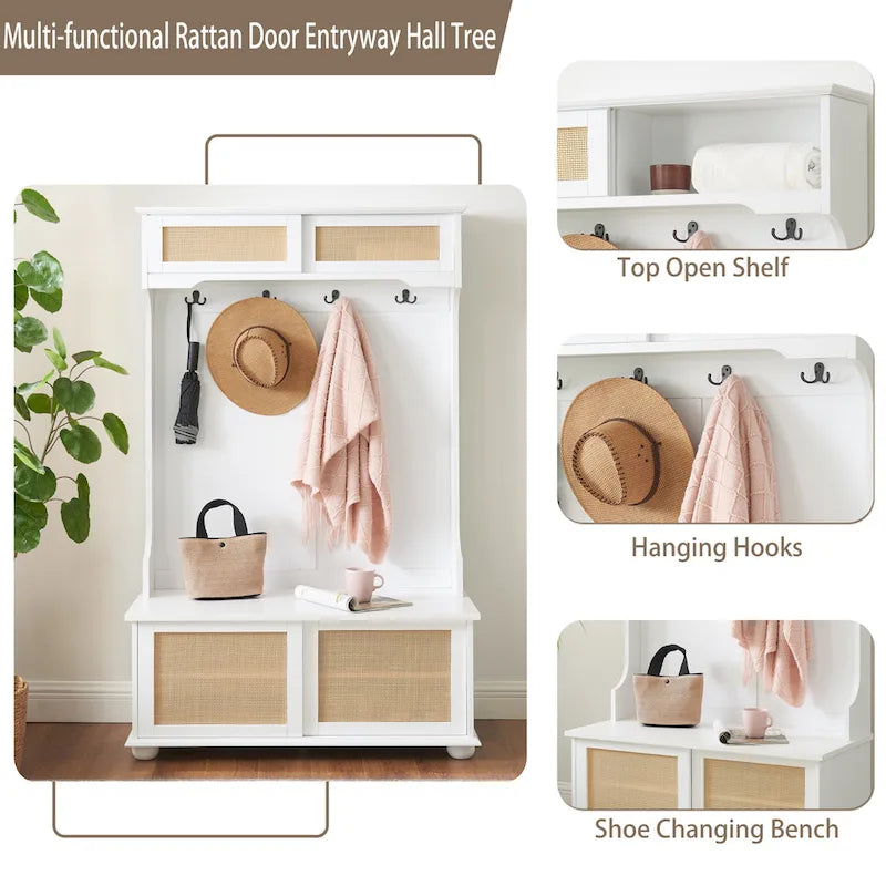 Clothes Hanger Hall Tree Storage Bench Shoe Rack with Rattan Door for Entryway