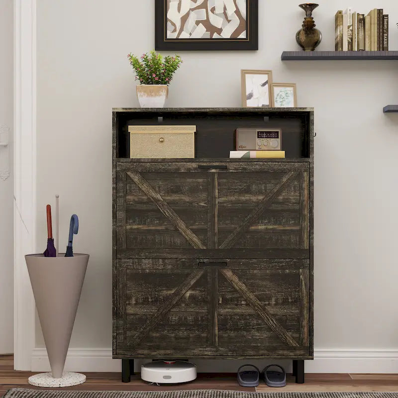 Farmhouse Shoe Storage Cabinet with Barn Door Design, Shoe Organizer with 2 Flip Drawers, Freestanding Narrow Shoe Rack Cabinet