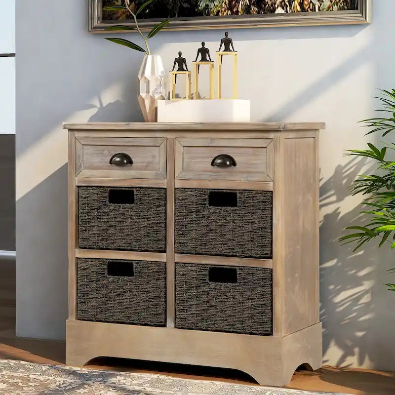 Rustic Storage Cabinet with Two Drawers and Four Classic Rattan Basket for Dining Room, Living Room