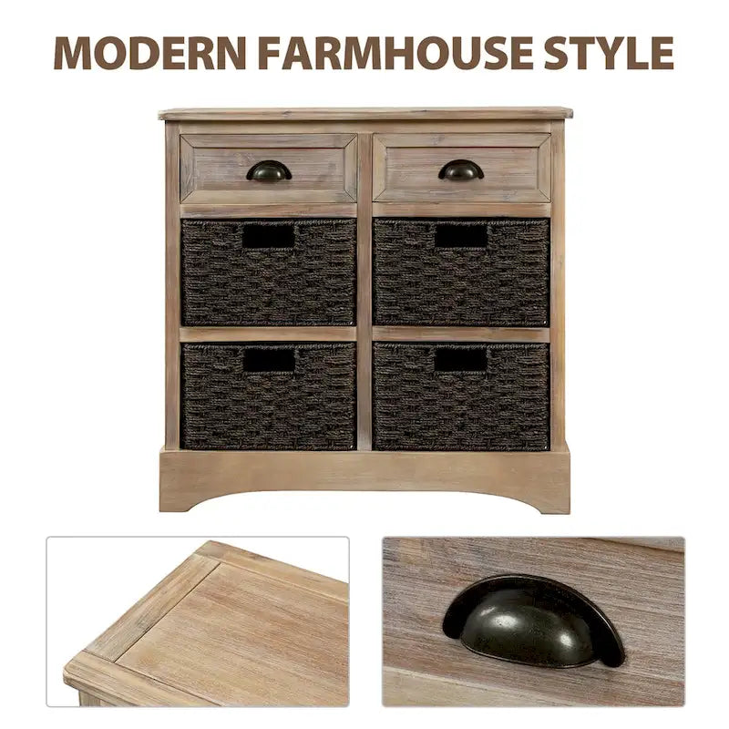 Rustic Storage Cabinet with Two Drawers and Four Classic Rattan Basket for Dining Room, Living Room