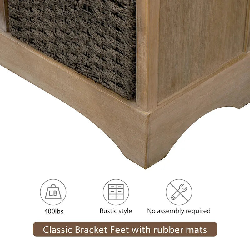 Rustic Storage Cabinet with Two Drawers and Four Classic Rattan Basket for Dining Room, Living Room