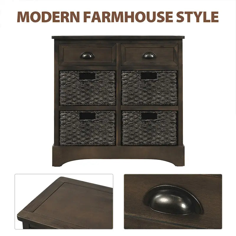 Rustic Storage Cabinet with Two Drawers and Four Classic Rattan Basket for Dining Room, Living Room