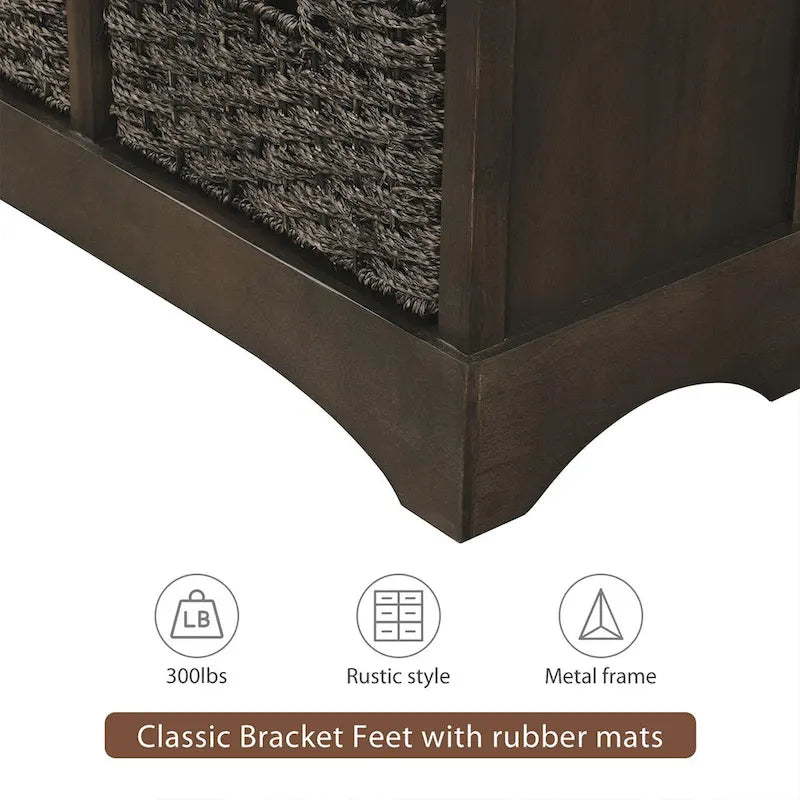 Rustic Storage Cabinet with Two Drawers and Four Classic Rattan Basket for Dining Room, Living Room