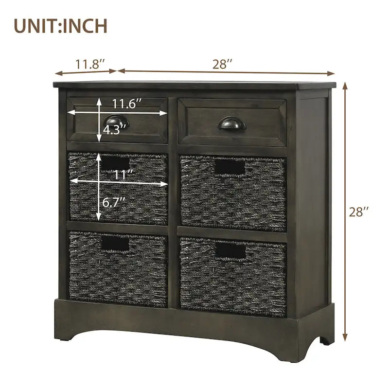 Rustic Storage Cabinet with Two Drawers and Four Classic Rattan Basket for Dining Room, Living Room