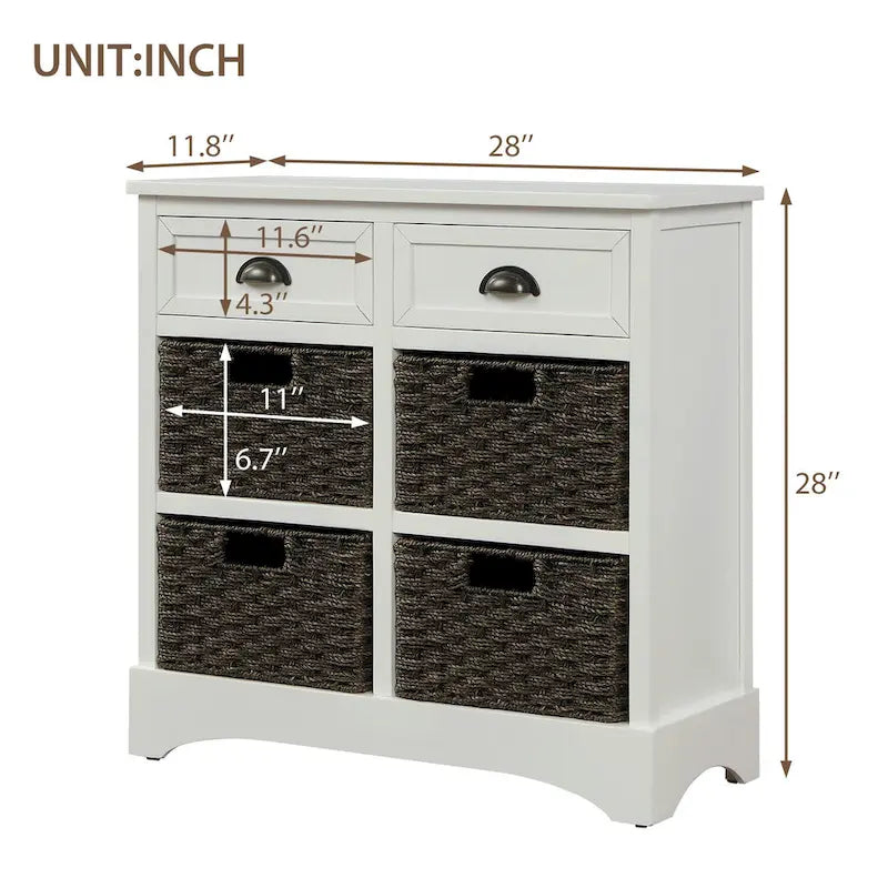 Rustic Storage Cabinet with Two Drawers and Four Classic Rattan Basket for Dining Room, Living Room