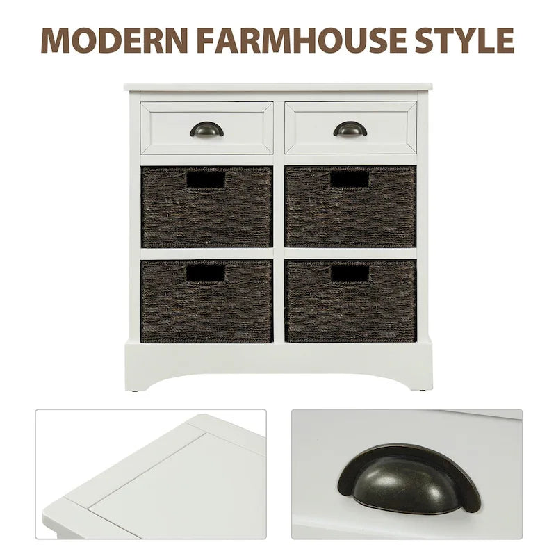 Rustic Storage Cabinet with Two Drawers and Four Classic Rattan Basket for Dining Room, Living Room
