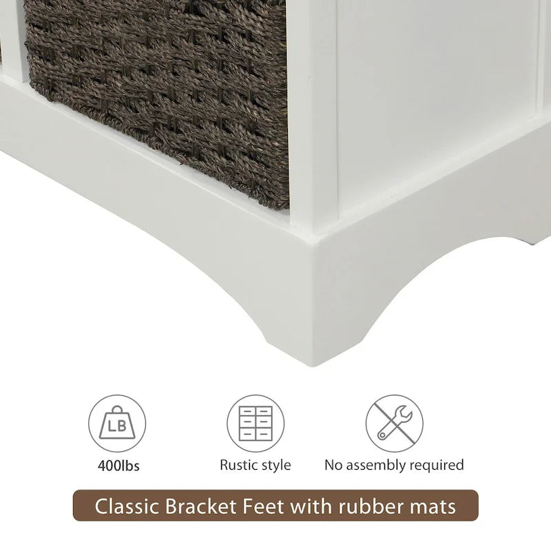 Rustic Storage Cabinet with Two Drawers and Four Classic Rattan Basket for Dining Room, Living Room