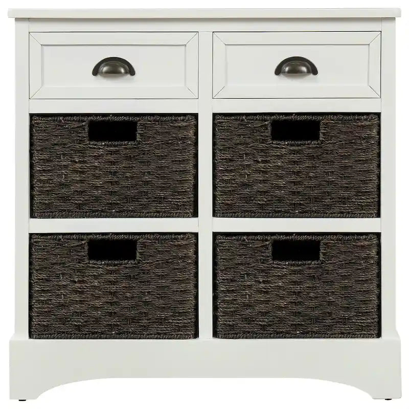 Rustic Storage Cabinet with Two Drawers and Four Classic Rattan Basket for Dining Room, Living Room