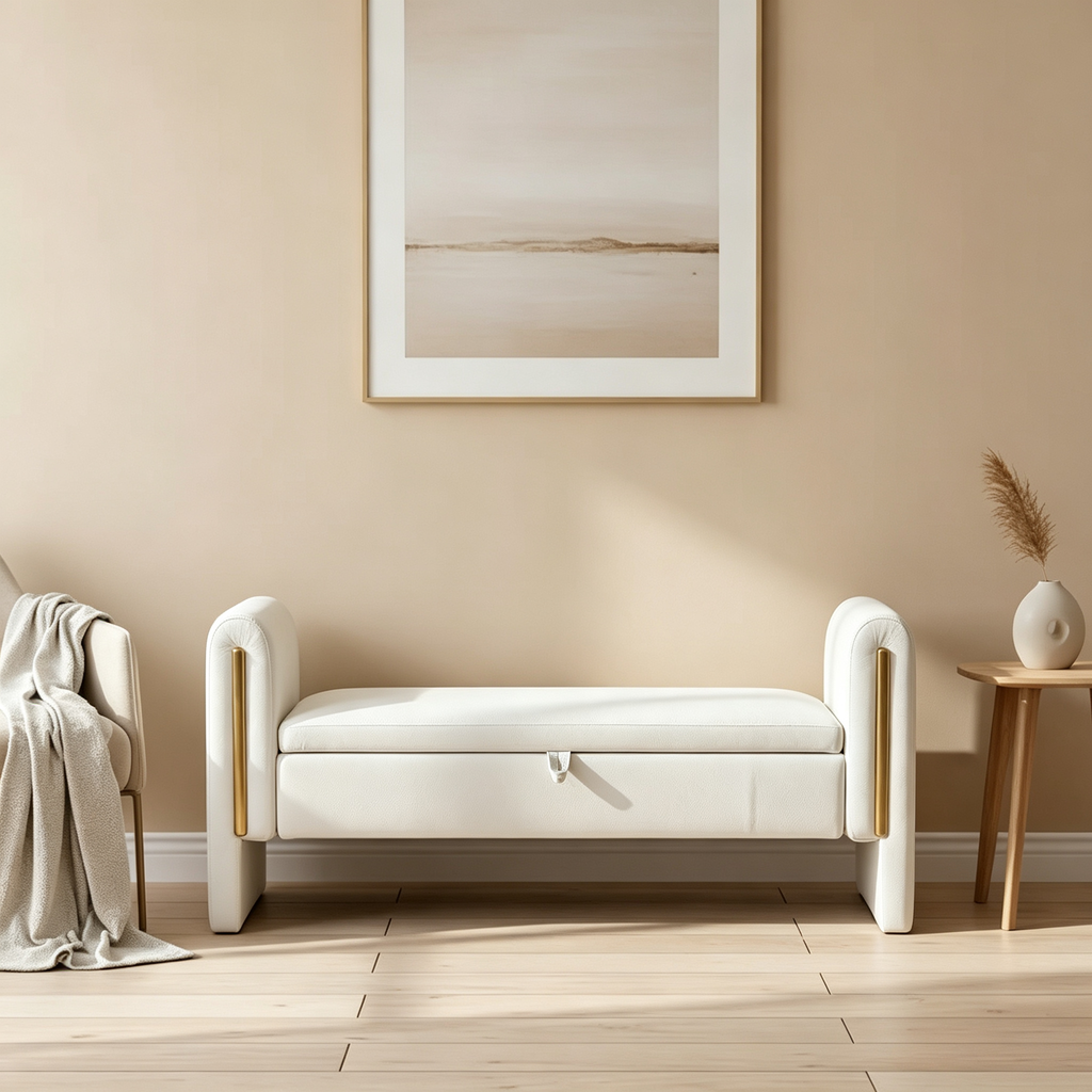 Velvet Fabric Storage Bench Bedroom Bench With Gold Metal Trim Strip For Living Room Bedroom Indoor