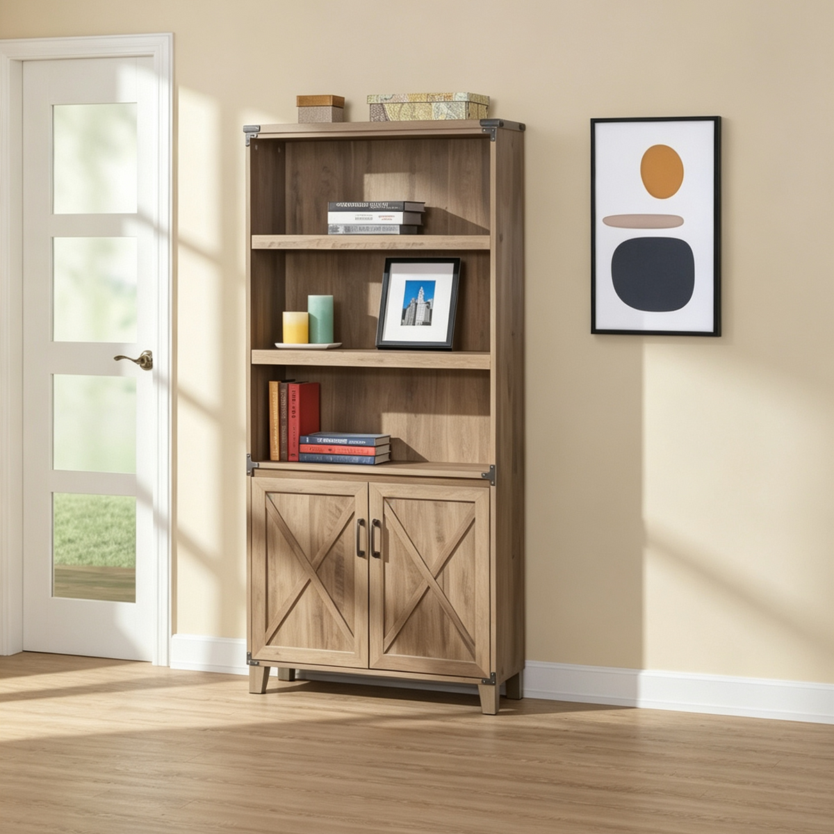 Farmhouse Rustic Oak 2-Door Bookcase - 12W x 30.7D x 67.4H