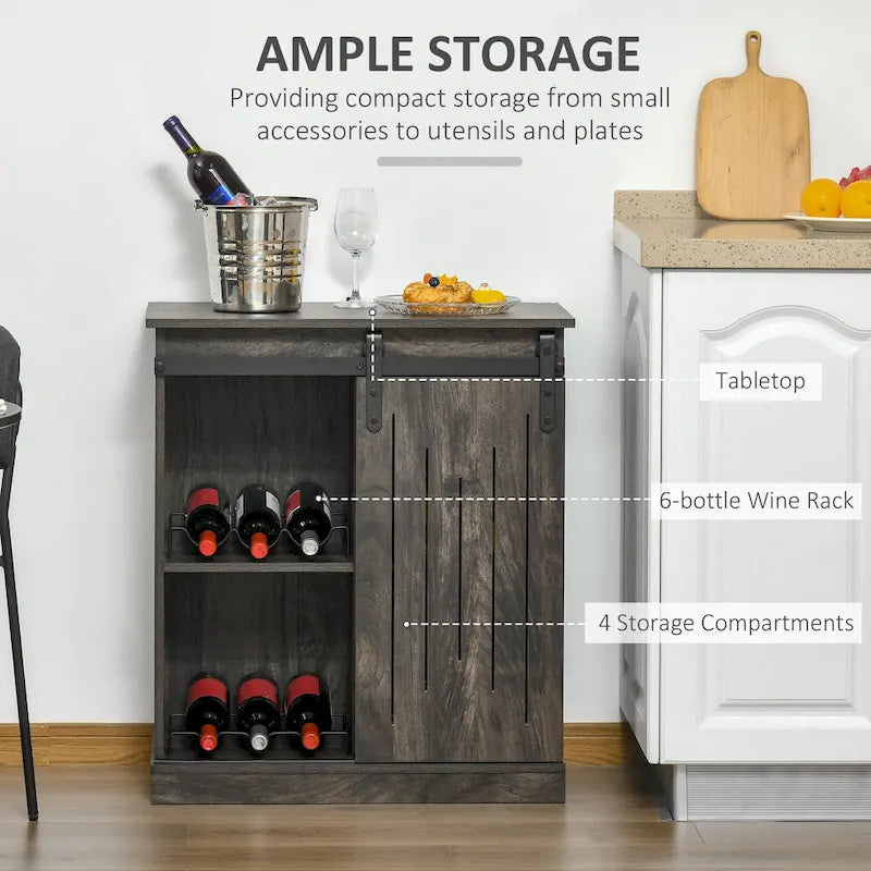 Industrial Sideboard Storage Cabinet, Serving Bar Buffet with Sliding Barn Door and 6-Bottle Wine Rack