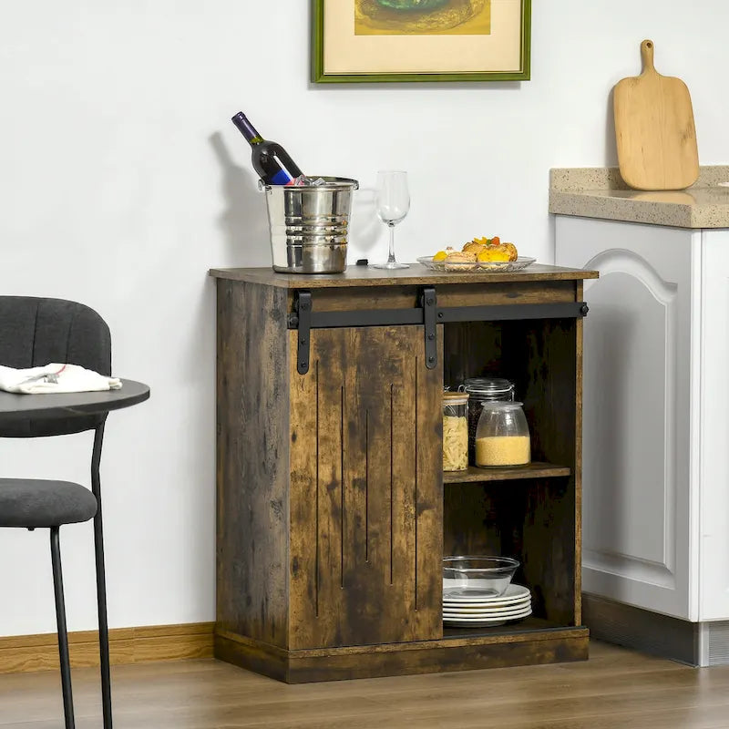 Industrial Sideboard Storage Cabinet, Serving Bar Buffet with Sliding Barn Door and 6-Bottle Wine Rack