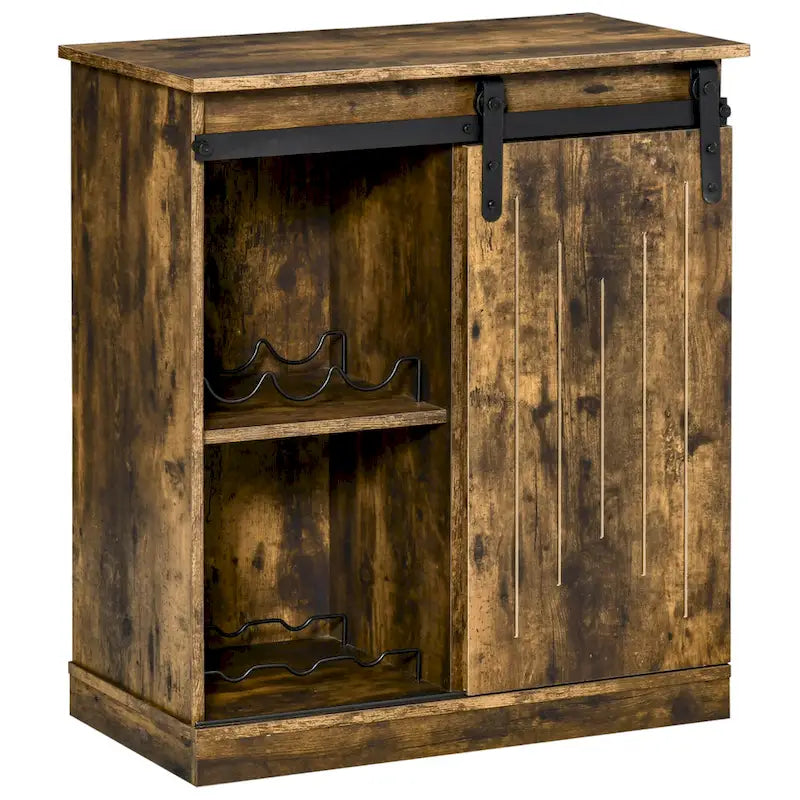 Industrial Sideboard Storage Cabinet, Serving Bar Buffet with Sliding Barn Door and 6-Bottle Wine Rack
