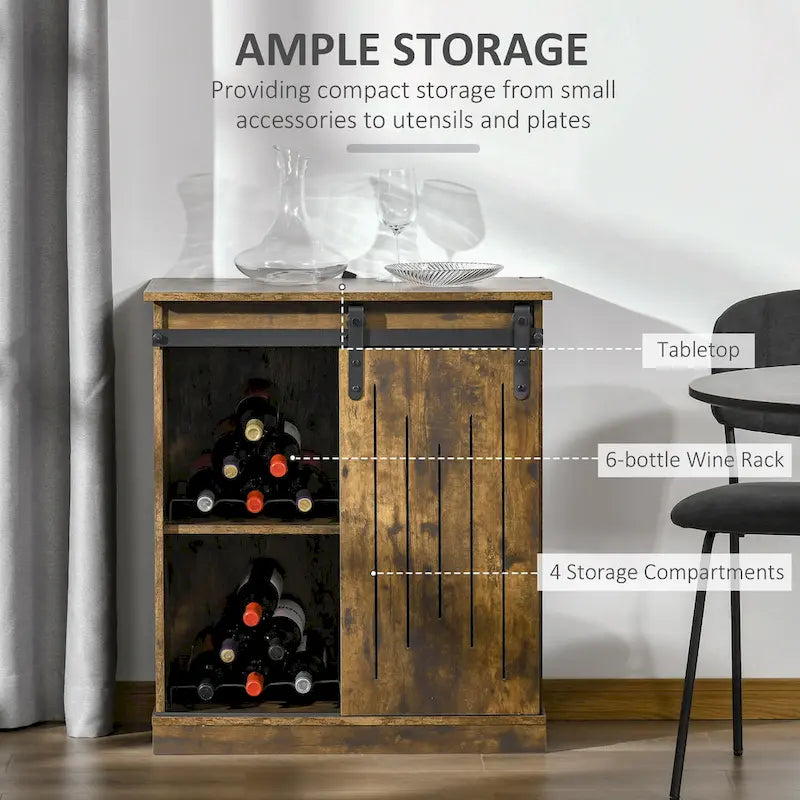 Industrial Sideboard Storage Cabinet, Serving Bar Buffet with Sliding Barn Door and 6-Bottle Wine Rack