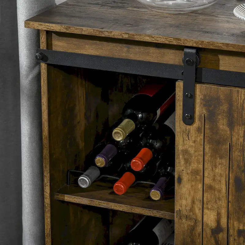 Industrial Sideboard Storage Cabinet, Serving Bar Buffet with Sliding Barn Door and 6-Bottle Wine Rack