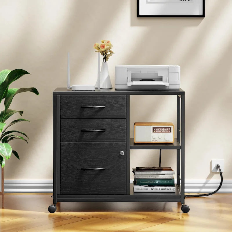 3 Drawer Wood File Cabinet with Socket Rolling Lateral Locking