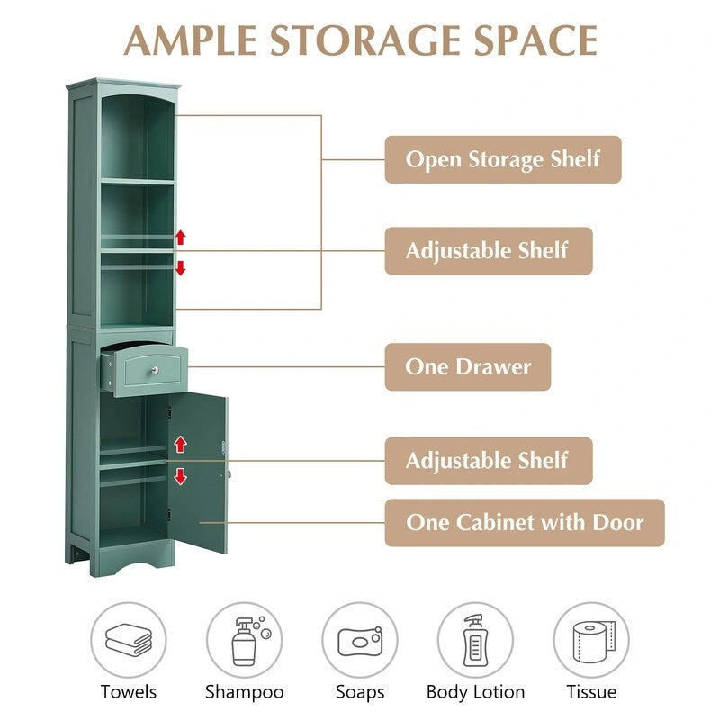67 Tall Bathroom Cabinet, Freestanding Storage Cabinet with Drawer, MDF Board, Adjustable Shelf, Green