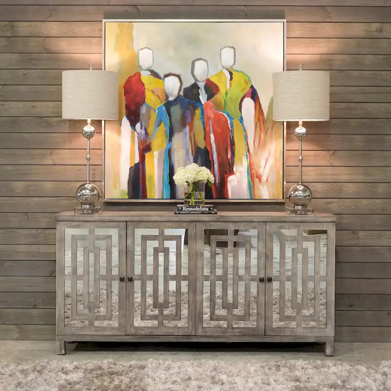 4-Door Gray Wash Beveled Mirror Sideboard