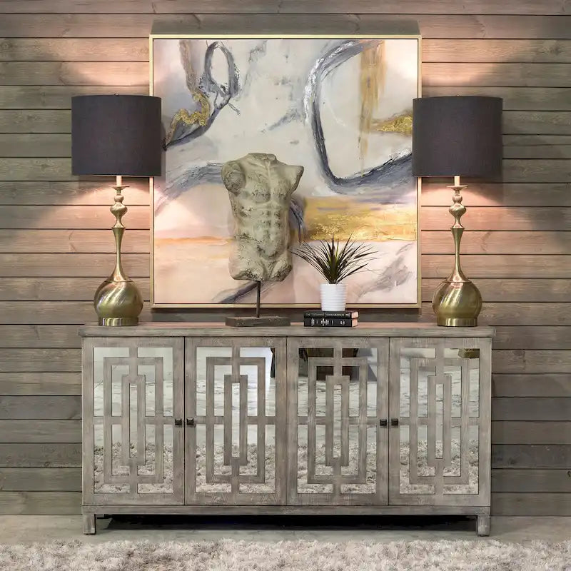 4-Door Gray Wash Beveled Mirror Sideboard