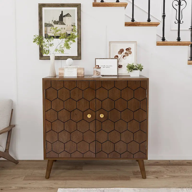 Dark Brown Farmhouse Storage Cabinet with Honeycomb Pattern