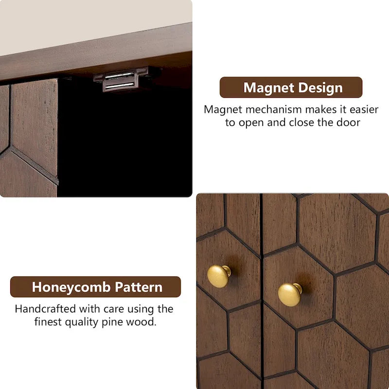 Dark Brown Farmhouse Storage Cabinet with Honeycomb Pattern