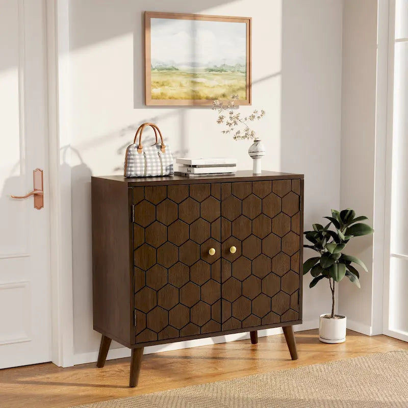 Dark Brown Farmhouse Storage Cabinet with Honeycomb Pattern