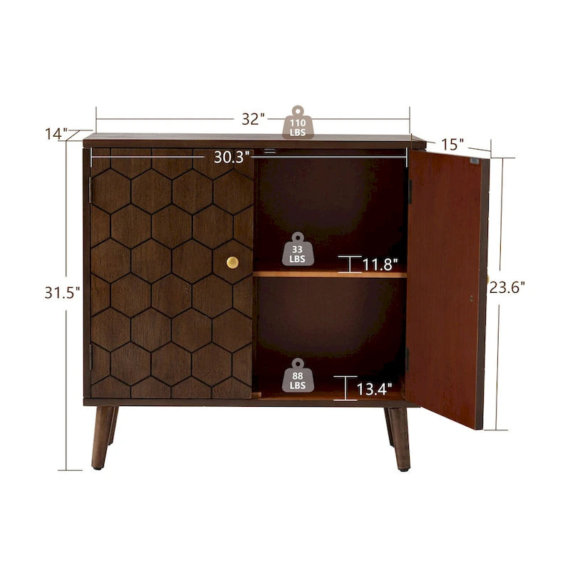 Dark Brown Farmhouse Storage Cabinet with Honeycomb Pattern