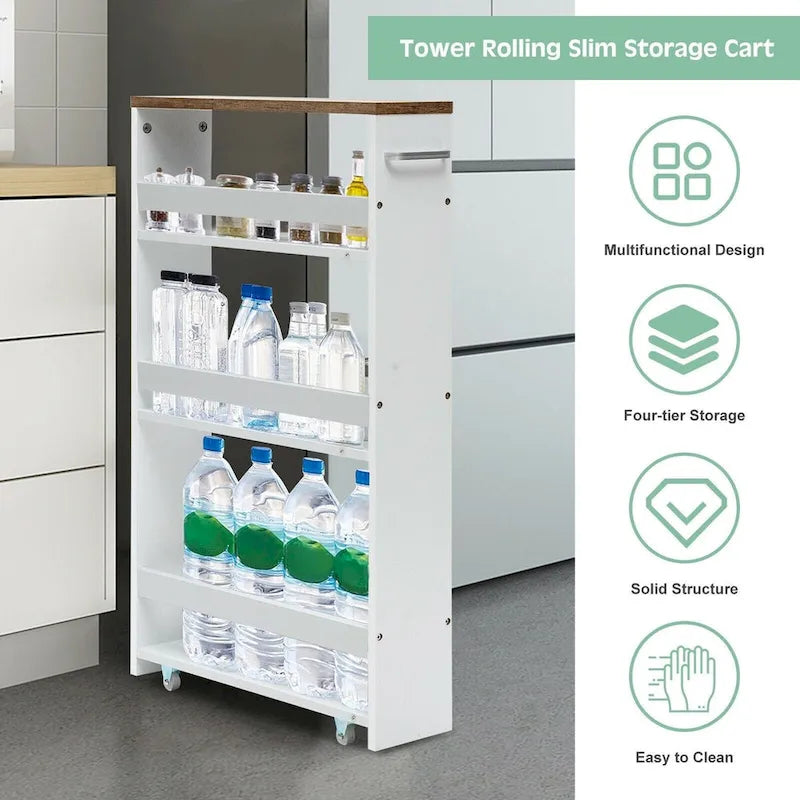 4 Tier Rolling Slim Storage Kitchen Organizer Cart with Handle - 19L x 5.1W x 31.5H