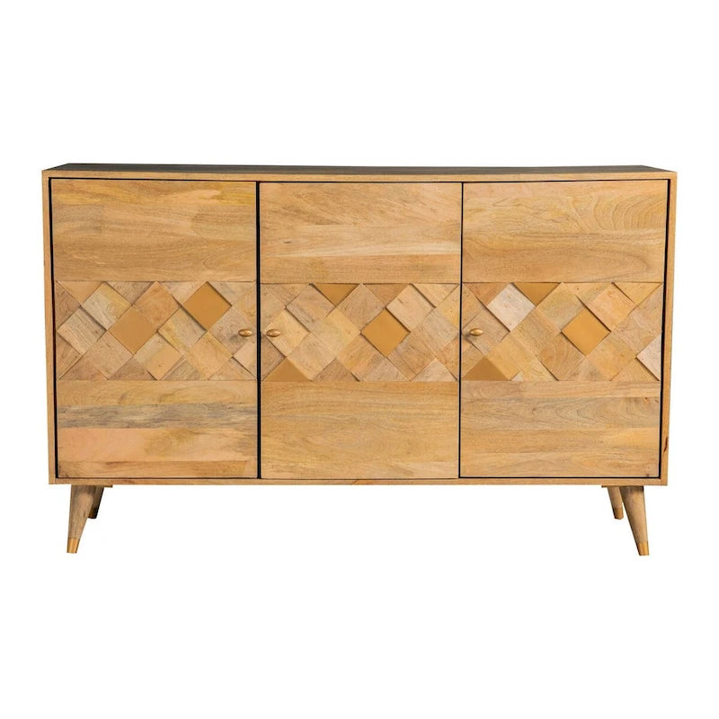 56 Inch 3 Door Sideboard Cabinet Console, Geometric, Natural Brown
