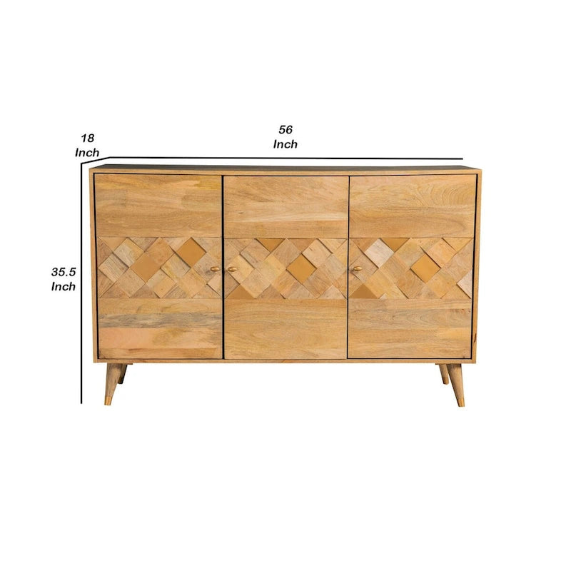 56 Inch 3 Door Sideboard Cabinet Console, Geometric, Natural Brown