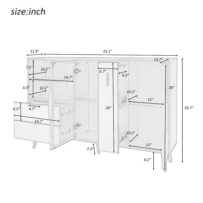 55.1 Two-door Storage Cabinet with Two Drawers and Metal Handles