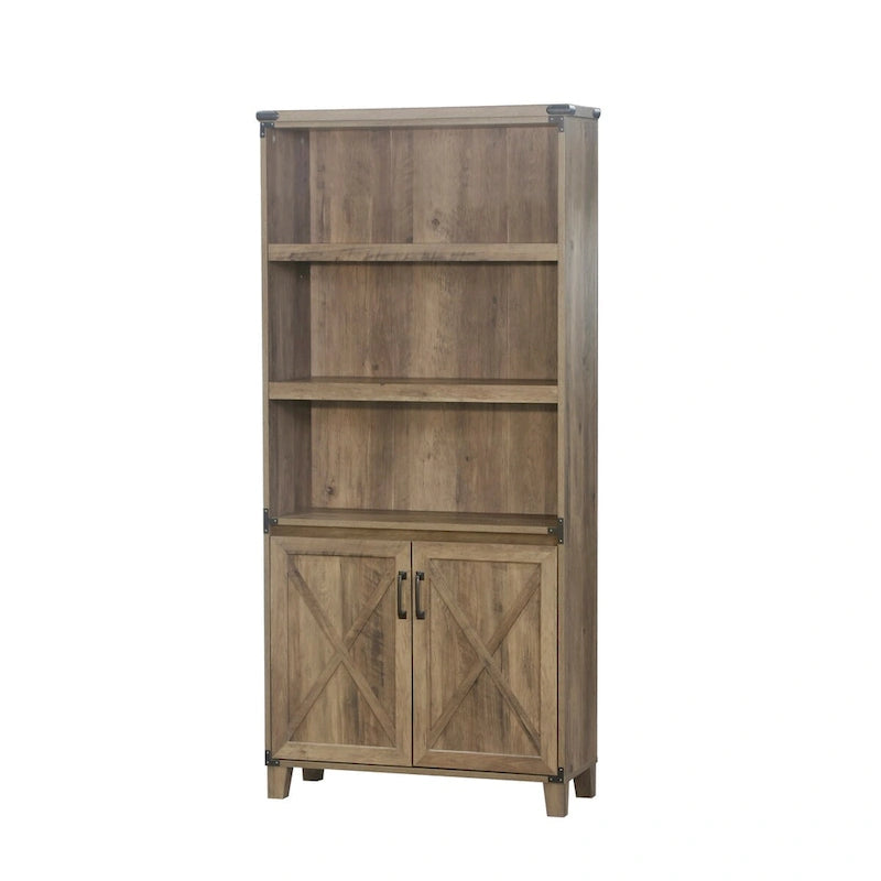 Farmhouse Rustic Oak 2-Door Bookcase - 12W x 30.7D x 67.4H