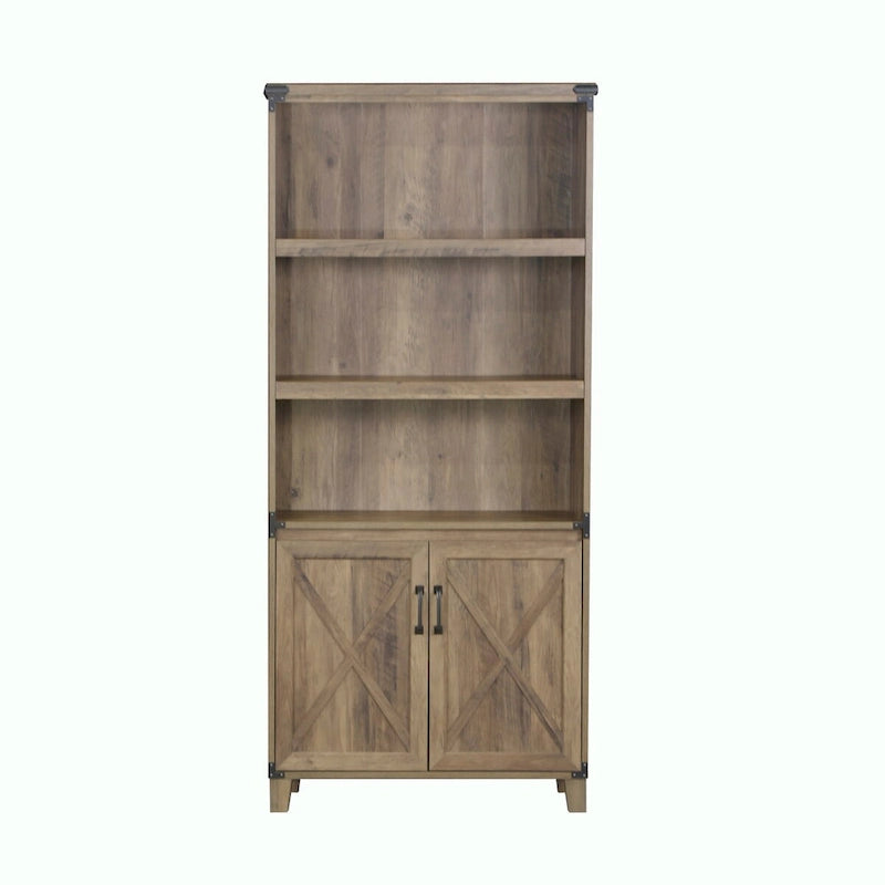 Farmhouse Rustic Oak 2-Door Bookcase - 12W x 30.7D x 67.4H