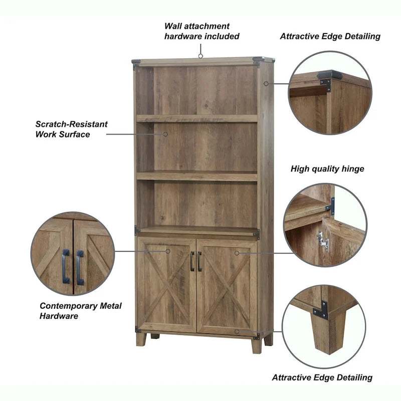 Farmhouse Rustic Oak 2-Door Bookcase - 12W x 30.7D x 67.4H