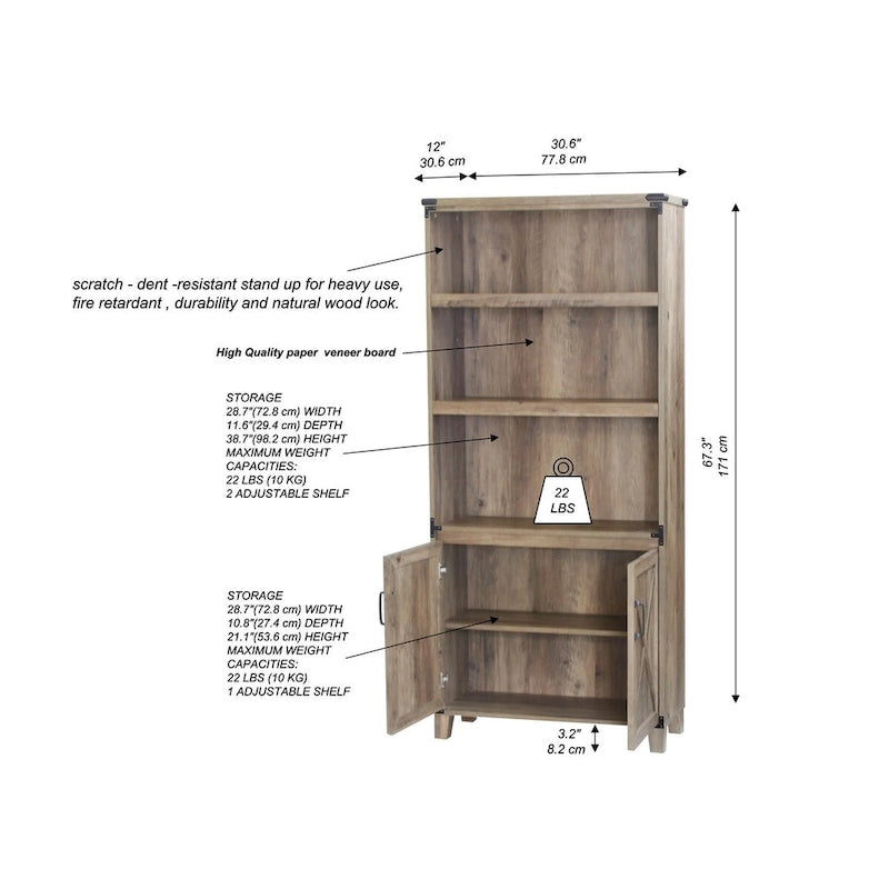 Farmhouse Rustic Oak 2-Door Bookcase - 12W x 30.7D x 67.4H