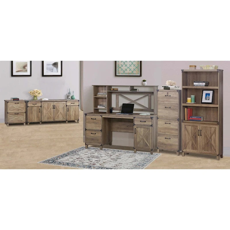 Farmhouse Rustic Oak 2-Door Bookcase - 12W x 30.7D x 67.4H