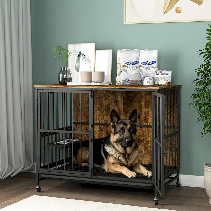Dog crate furniture with Rremovable Ttray, Double-Door House, lift Panel, 360 Degree Rotation -3 Height Adjustable Feeding Bowls