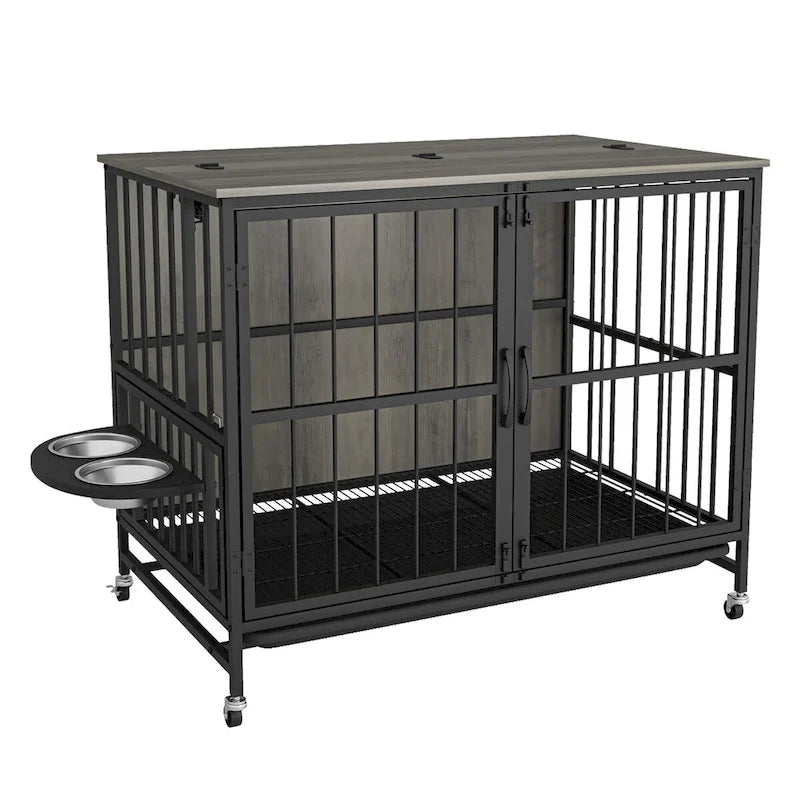Dog crate furniture with Rremovable Ttray, Double-Door House, lift Panel, 360 Degree Rotation -3 Height Adjustable Feeding Bowls