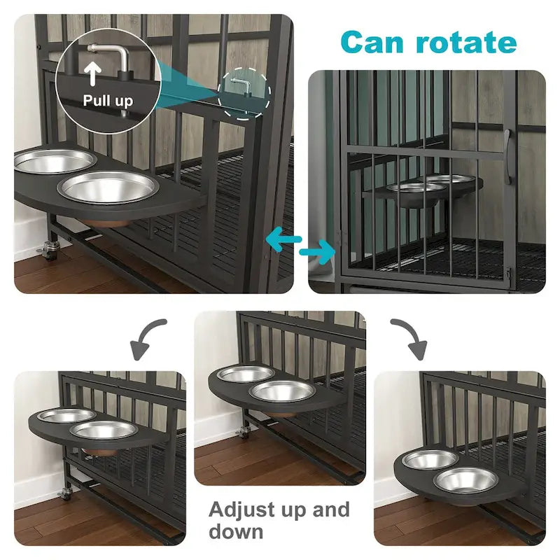 Dog crate furniture with Rremovable Ttray, Double-Door House, lift Panel, 360 Degree Rotation -3 Height Adjustable Feeding Bowls