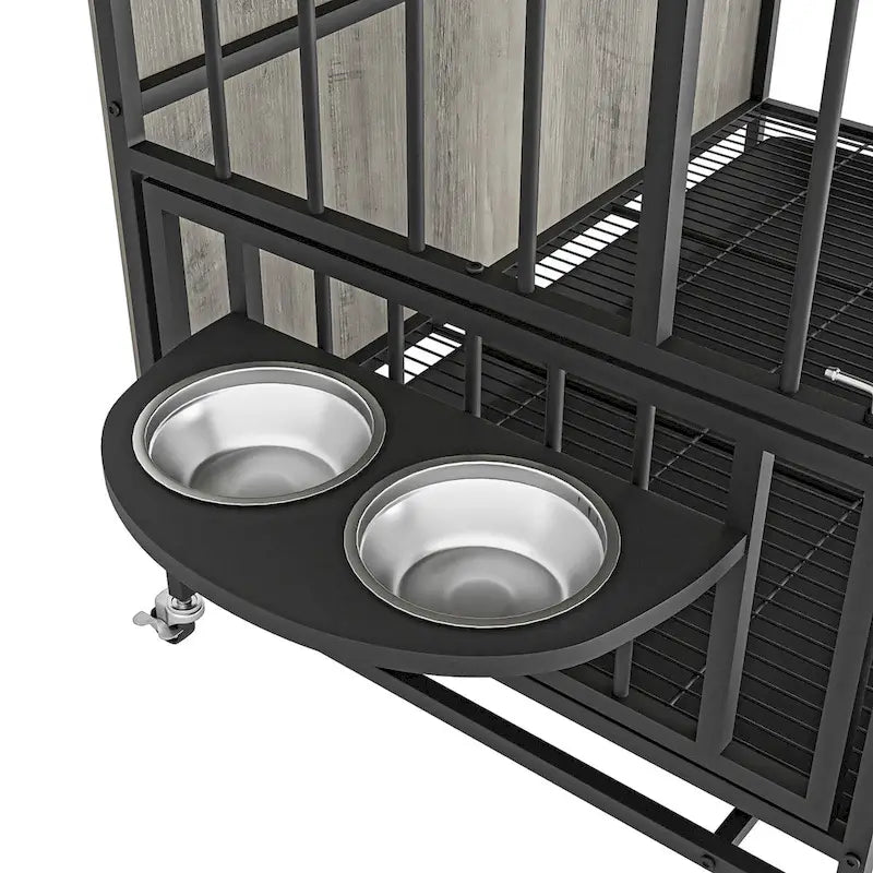 Dog crate furniture with Rremovable Ttray, Double-Door House, lift Panel, 360 Degree Rotation -3 Height Adjustable Feeding Bowls