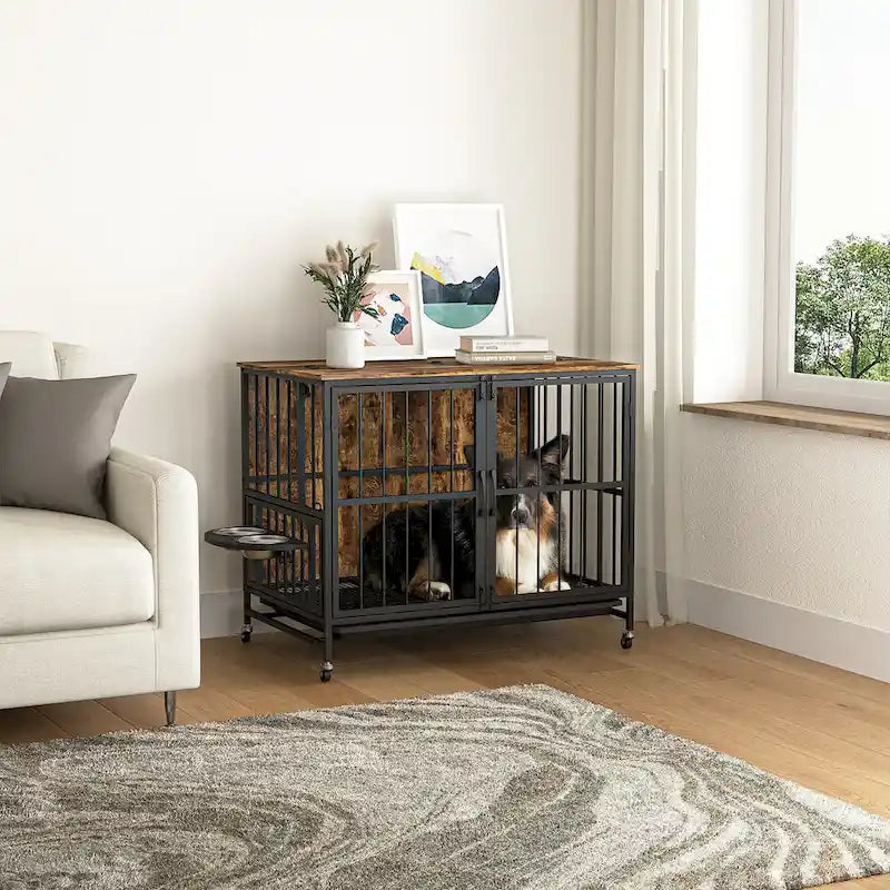 Dog crate furniture with Rremovable Ttray, Double-Door House, lift Panel, 360 Degree Rotation -3 Height Adjustable Feeding Bowls