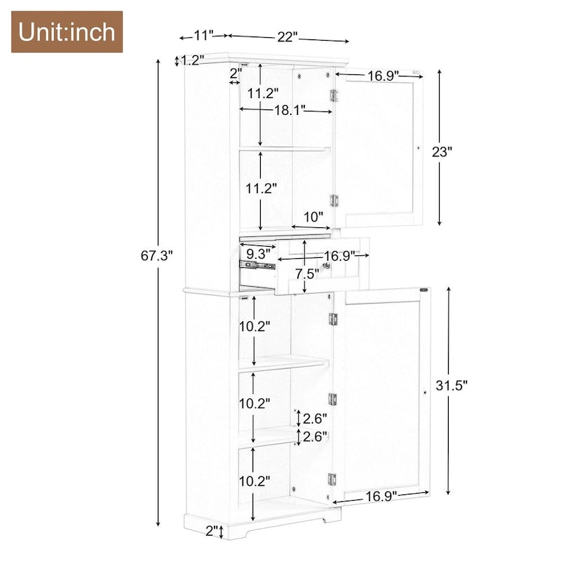 67 Tall Wood 2-door Bathroom Cabinet with Drawer and Adjustable Shelf